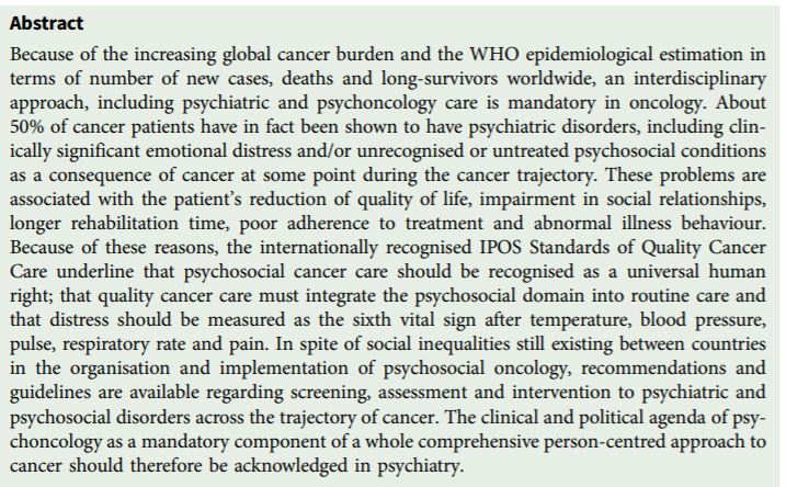 Psychiatric and psychosocial implications in cancer care: the agenda of psycho-oncology bit.ly/2QZlkHG
#EpiPsychSci #psychoncology #oncology #cancer #psychosocial #qualityoflife #qualitycancercare #cancercare