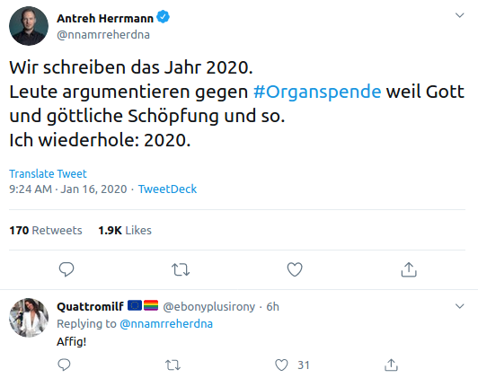 LGcommaI's tweet photo. Textbook-#example of the #TheCurrentYear-fallacy. (In an ironic twist, another user calls the appeal to divine creation "Affig", i.e. 'apish|ape-like', even though it is precisely the preoccupation with the idea of god that distinguishes humans from apes.) https://t.co/c26YgBDS41