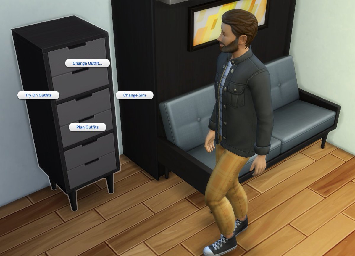 SimGuruNinja's tweet photo. Freezing this morning! So it's time for my Simself to change into his cold weather outfit.

I very much like this new small dresser. There's a couple others in-game of the same size (Get Famous &amp; Discover U), but I love the compact aesthetic of this one for my Tiny builds. https://t.co/wGWuqDU1xm