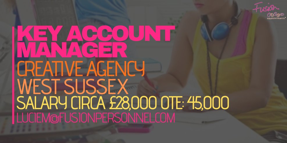 FusionApDorking's tweet photo. ** CREATIVE ** KEY ACCOUNT MANAGER ** WEST SUSSEX *** OTE £45,000 ***

If you have Agency side experience and have proven experience in managing key accounts, Lucie wants to hear from you!

LucieM@fusionpersonnel.com
01306 745050

#FusionJobs #FusionAppointments #Westsussexjobs https://t.co/IxRq24PKSB