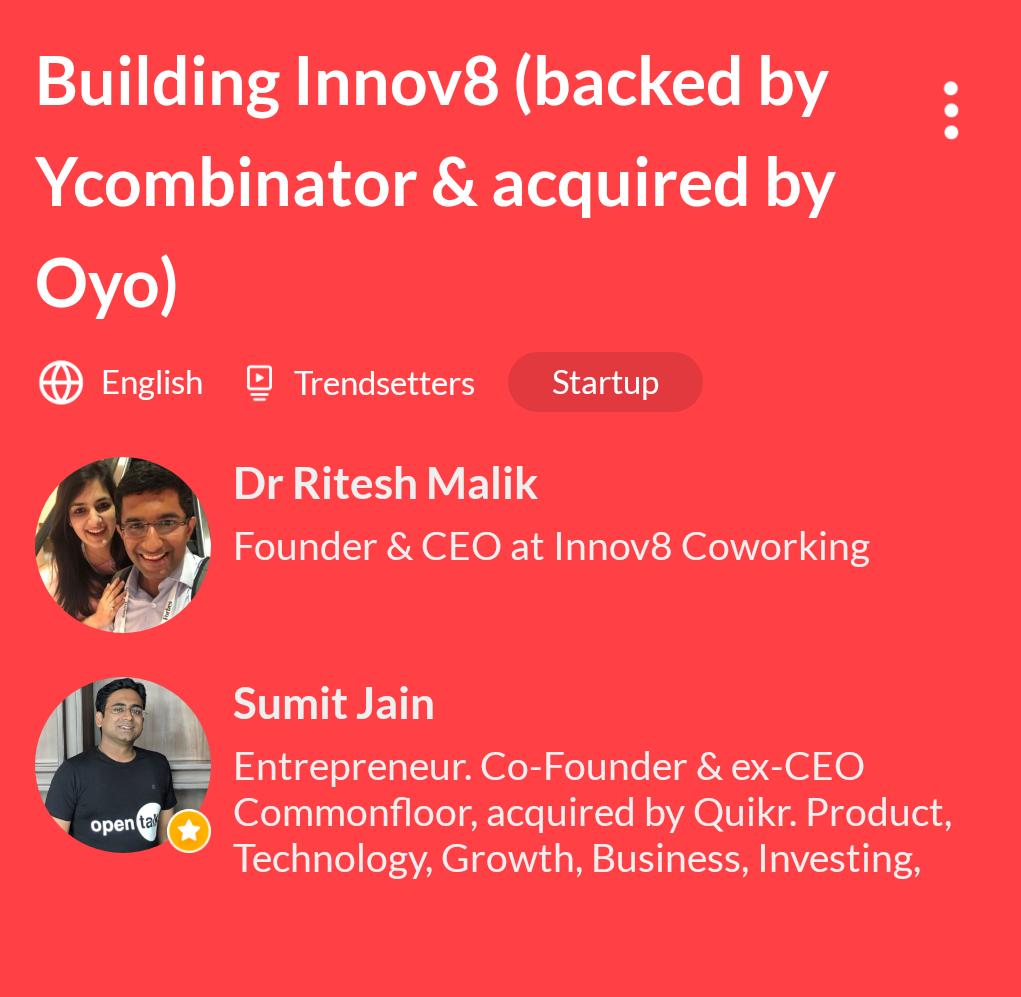 Opentalk FM (@opentalk) on Twitter photo Listen to live <a href="/opentalk/">Opentalk FM</a> about "Building <a href="/innov8cowork/">Innov8 Coworking™</a> (backed by <a href="/ycombinator/">Y Combinator</a> & acquired by <a href="/oyorooms/">OYO</a> )" by <a href="/drriteshmalik/">Dr Ritesh Malik</a> & <a href="/sumjain/">Sumit Jain</a> at 1pm IST 17Jan2020
opentalk.to/listen/buildin…
Download the Opentalk FM app for the best experience. Listen to live <a href="/opentalk/">Opentalk FM</a> about "Building <a href="/innov8cowork/">Innov8 Coworking™</a> (backed by <a href="/ycombinator/">Y Combinator</a> & acquired by <a href="/oyorooms/">OYO</a> )" by <a href="/drriteshmalik/">Dr Ritesh Malik</a> & <a href="/sumjain/">Sumit Jain</a> at 1pm IST 17Jan2020
opentalk.to/listen/buildin…
Download the Opentalk FM app for the best experience.