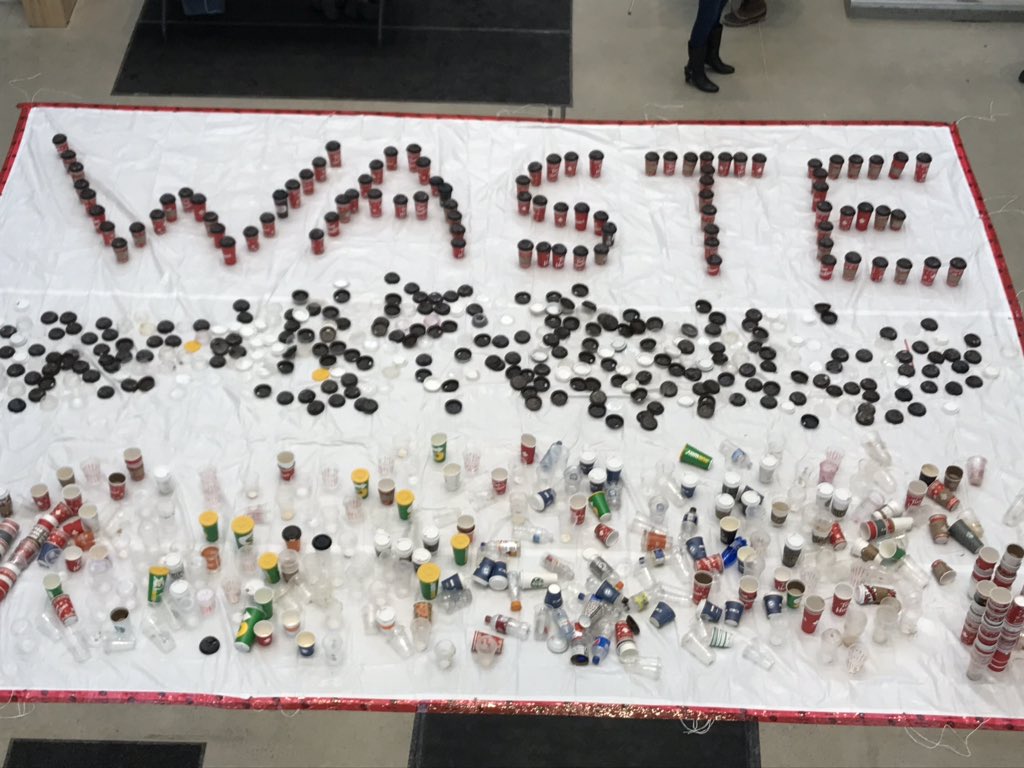 BrettBuch's tweet photo. The @LaurentianU Environmental Sustainability Committee, a volunteer group composed of students, faculty, and staff, highlighting a fraction of the waste found on campus. 🗑♻️ https://t.co/gUMtpM1GwS