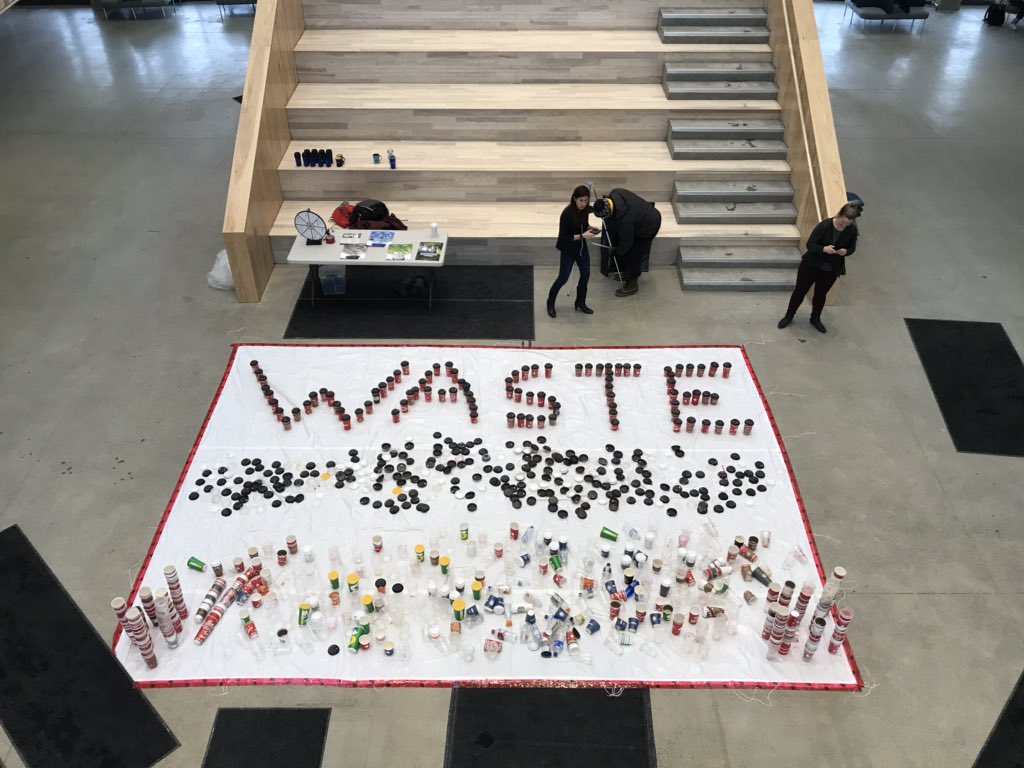 BrettBuch's tweet photo. The @LaurentianU Environmental Sustainability Committee, a volunteer group composed of students, faculty, and staff, highlighting a fraction of the waste found on campus. 🗑♻️ https://t.co/gUMtpM1GwS