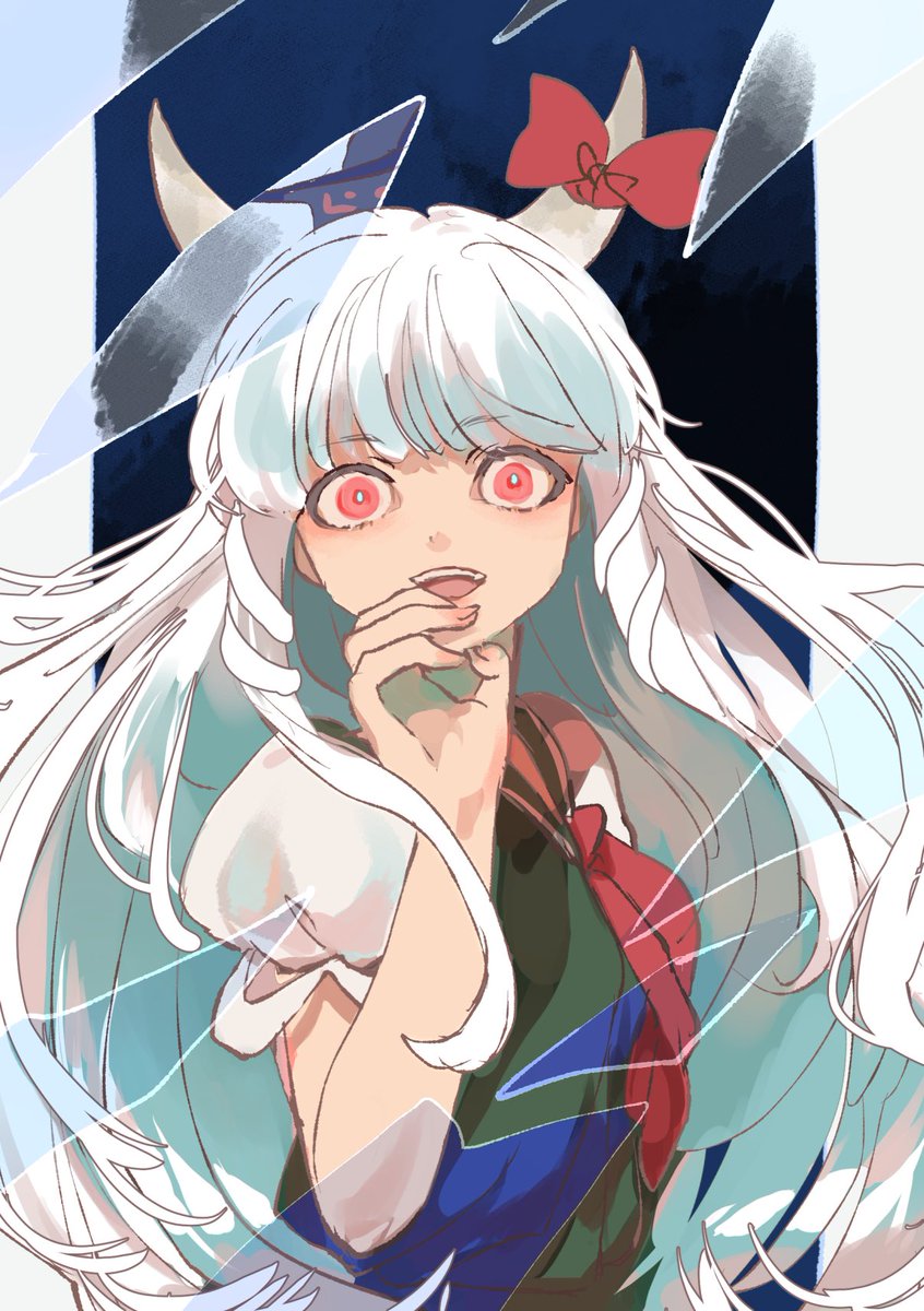 ex-keine ,kamishirasawa keine 1girl long hair solo horns dress white hair red eyes  illustration images