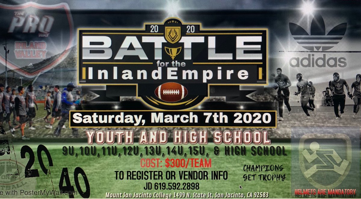 CoachMoe15's tweet photo. 🚨🚨Calling all 7v7 squads!! 🚨🚨

Registration now open!

“The Battle for the Inland Empire”

When: March 7th, 2020

Cost: $300 per team
Cash app :$JDDenny
Venmo: @Jd-Denny
Zelle: 6195922898

Location: 
Mount San Jacinto college 
1499 N. State St., CA 92583

Rep your city!! https://t.co/FYuexT0mKQ