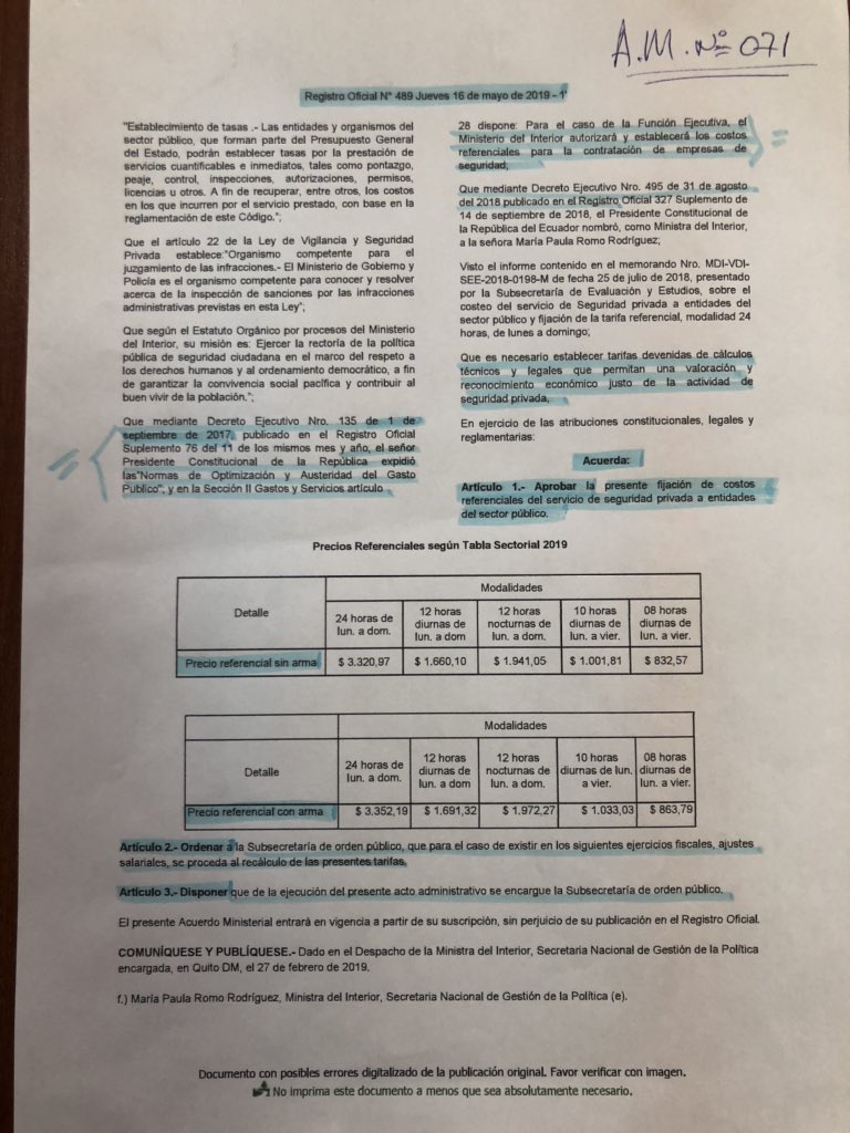 Freddyromoortiz's tweet photo. Excelente, hagan que se cumpla el acuerdo ministerial 071 publicados en el registro oficial 489, donde se regula precios referenciales para seguridad privada. Las empresas y gremios serios les apoyamos. @abgmadero @casepec @FaustoAlvear https://t.co/3UH0OTqWE2