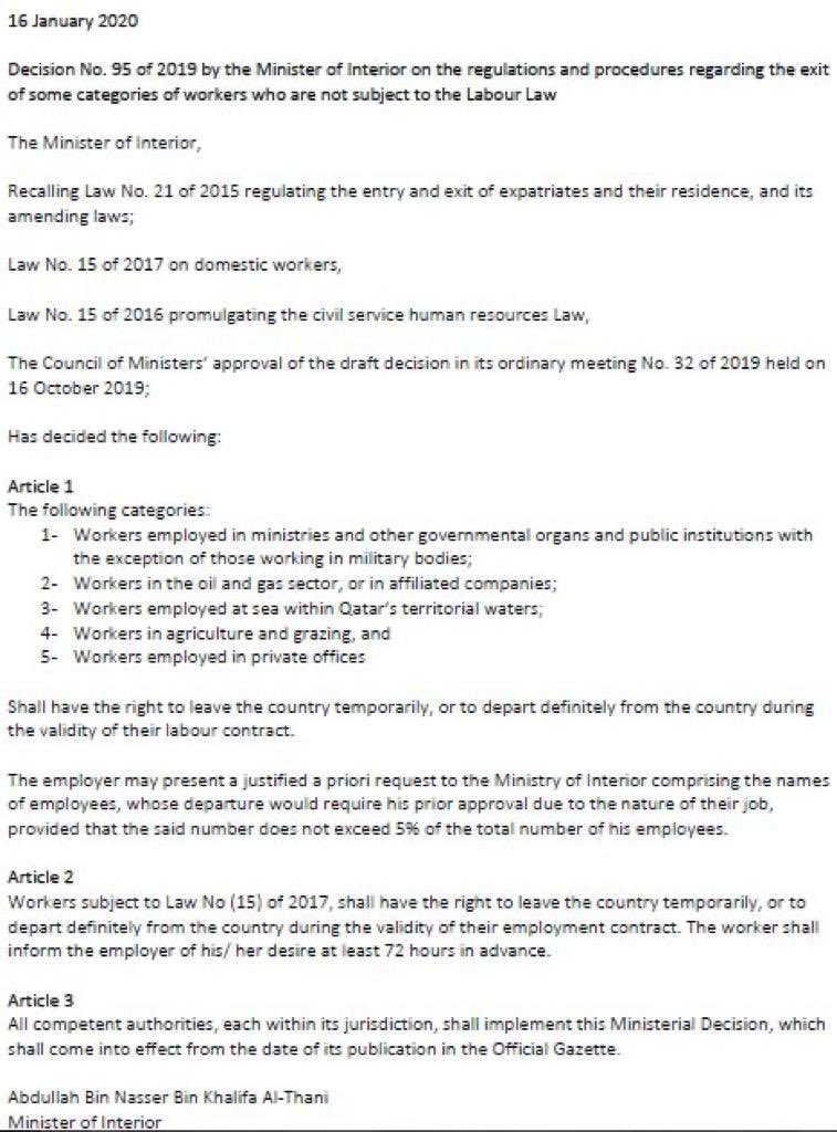 alix_nasri's tweet photo. A great day for Qatar! No more exit permits for most workers under special laws, including domestic workers. Check your new rights and responsibilities in the Ministerial Decision of today. Congratulations to @ADLSAQa &amp; @MOI_Qatar for their leadership! https://t.co/HRMwcYlgas
