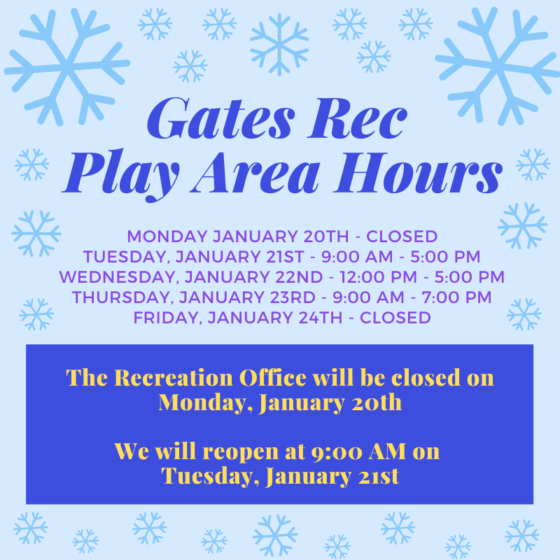 With the holiday and school recess next week, here is a look at what our Open Play hours will be for our preschool families.
From now until May 27th, our Wed. hours are now afternoon only as our paid Munchkin Madness program will be held at that time.
#gatesrec #gatesrecreation