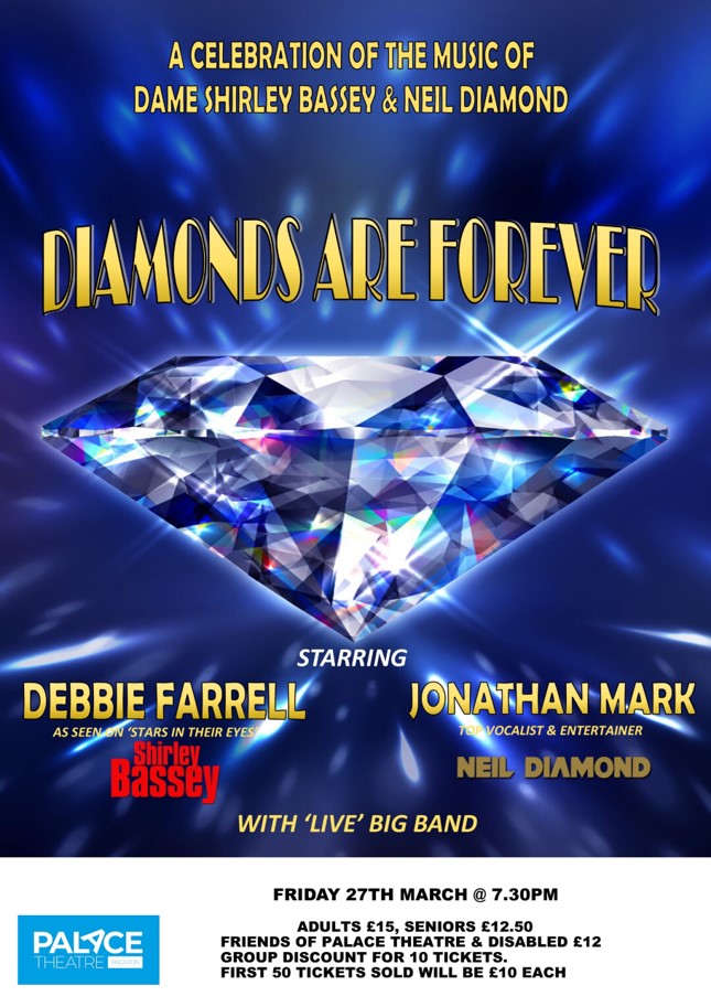 <a href="/WhatsOnPaignton/">Paignton Devon</a> Come and join us for a fantastic show at <a href="/Theatrepaignton/">Palace Theatre Paignton</a>, celebrating the music of DAME SHIRLEY BASSEY and NEIL DIAMOND on Friday 27th March.
Tickets now on sale. Discounts available.