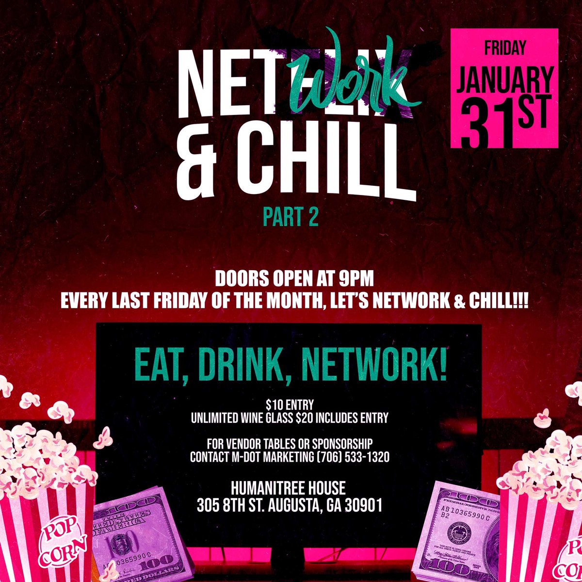 The last Friday of EVERY month #WeGotchaCovered with #NetworkAndChill2 the premier #ProfessionalRelaxation affair!! @MDOT_4daWin @HumanitreeHouse @DJSwagg706 @roundhereradio