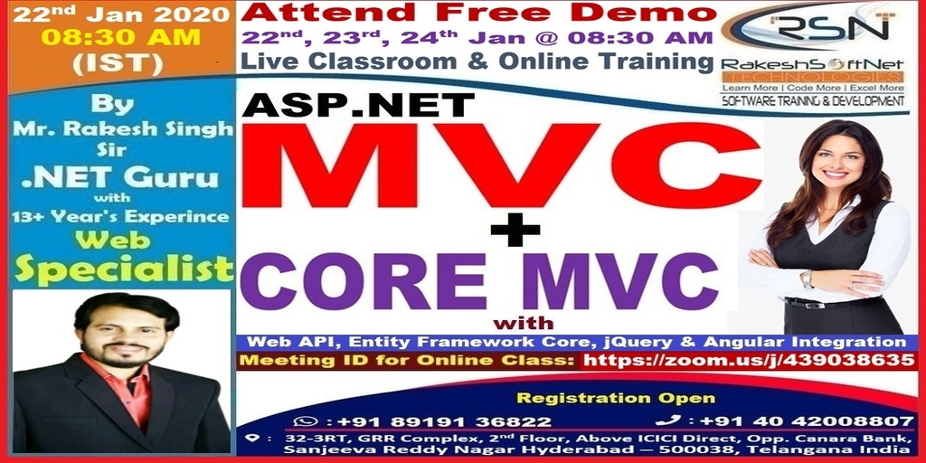RakeshSinghNet's tweet image. Regular Classroom &amp;amp; Online New Batch
Attend Free Demo on 22nd, 23rd &amp;amp; 24th January
🥇MVC+CoreMVC @ 08:30 AM (IST)
Meeting ID for Online: zoom.us/j/439038635
#MVC+#CoreMVC Course Contents: bit.ly/2UE7AVh
#banglore #chennai #delhi #noida #gurgaon #bhopal #maharashtra