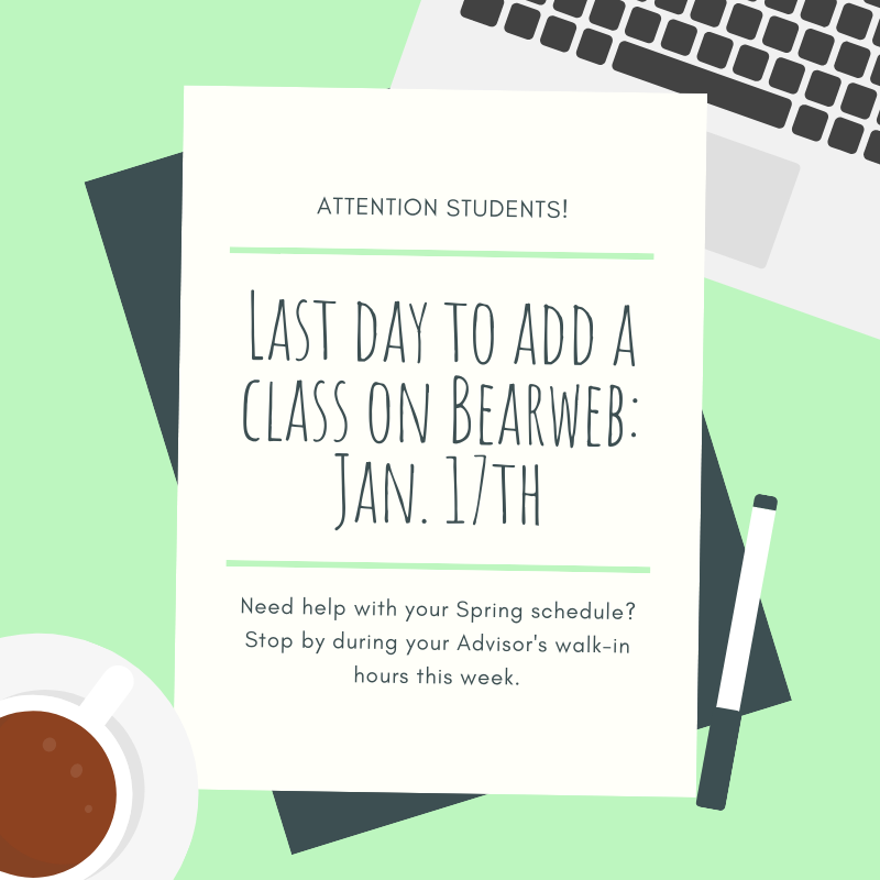 HSB_Advising's tweet photo. Tomorrow is the last day to add a class to your Spring 2020 Schedule! If you're still on a waitlist and need help finalizing your schedule, visit your advisor during walk-in hours! https://t.co/ZPIyqFp2PX