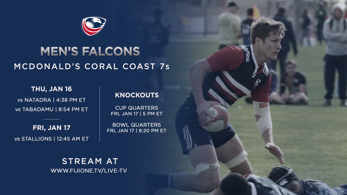 Men's Falcons kick off  <a href="/Coralcoast7s/">McDonald's Fiji's Coral Coast Sevens</a> today. 

KO times have been slightly modified from the original announcement. 

STREAM » fijione.tv/live-tv