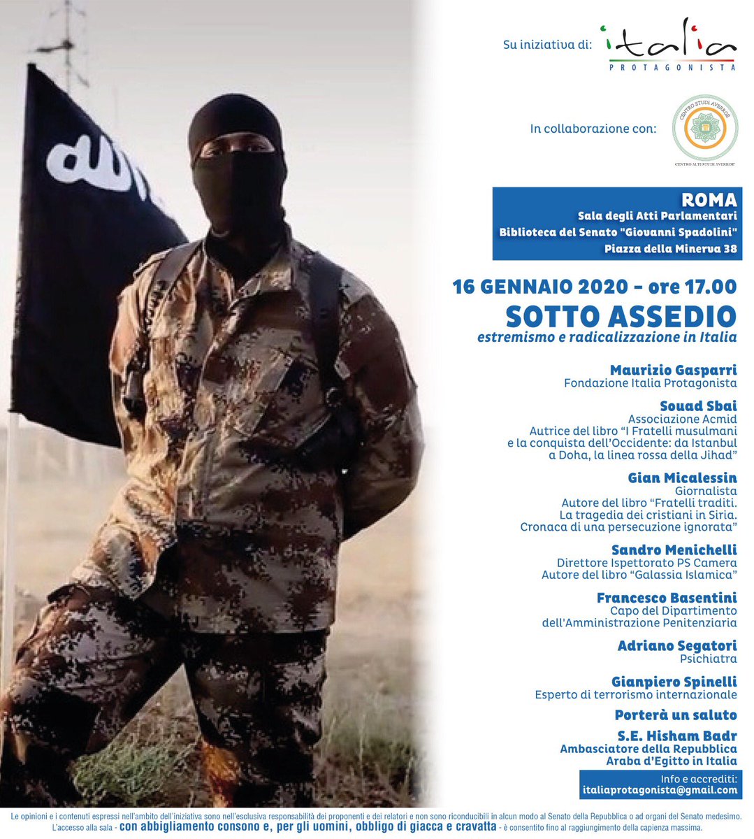 gasparripdl's tweet photo. “Sotto Assedio”. Parliamo di terrorismo e radicalizzazione al Senato nel convegno organizzato dalla Fondazione @ItaProtagonista. @SouadSbai @gianmicalessin https://t.co/32l0HYI6Yy