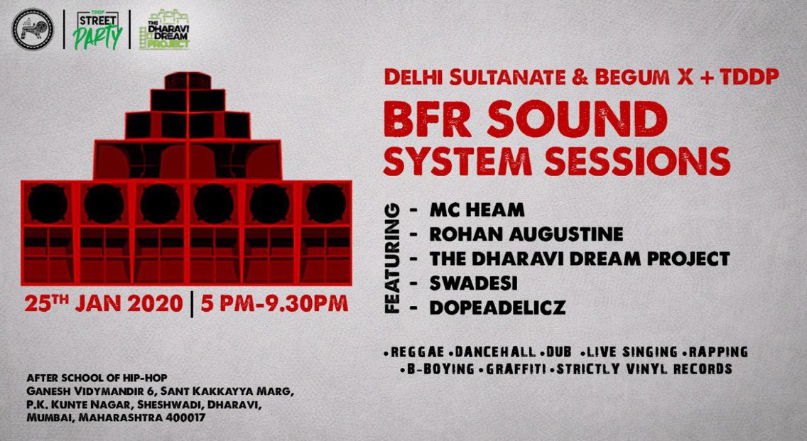 TDDP_IN's tweet photo. After a successful bombastic event last year, the BFR Soundsystem X Street Party are back at it again, presenting you with Reggae Meets Hip-Hop.
#BFR #TDDP #ReggaeMeetsHipHop #BFRSoundsystem #StreetParty #HipHop #AfterSchoolofHipHop #Dharavi #DelhiSultanate #BegumX #Reggae https://t.co/Eu17YKq06V