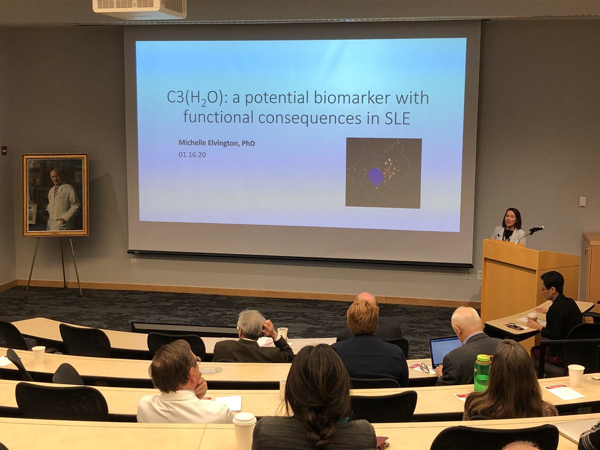 WashUMedRheum's tweet photo. Dr. Michelle Elvington speaking about ”C3(H2O): a potential biomarker with functional consequences in SLE” during the Rheumatic Diseases Research Resource-Based Center portion of the Dr. Atkinson lectureship! #RDRRC #science #sle #C3Water #Rheumatology #intracellular #lupus https://t.co/kOJhWnwUfq