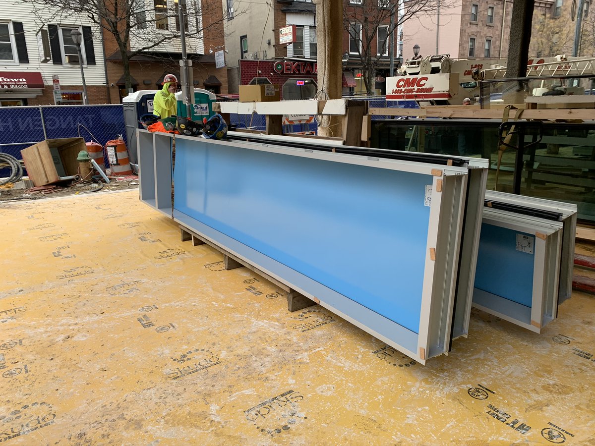 KSSarchitects's tweet photo. Installation of colored glass is underway at @Penn's  Tangen Hall! Once complete, the glass will form a playful, vibrant color gradient that will act as an emblem of the vibrant &amp; dynamic nature of the building’s interior. https://t.co/H2rUos6EEB