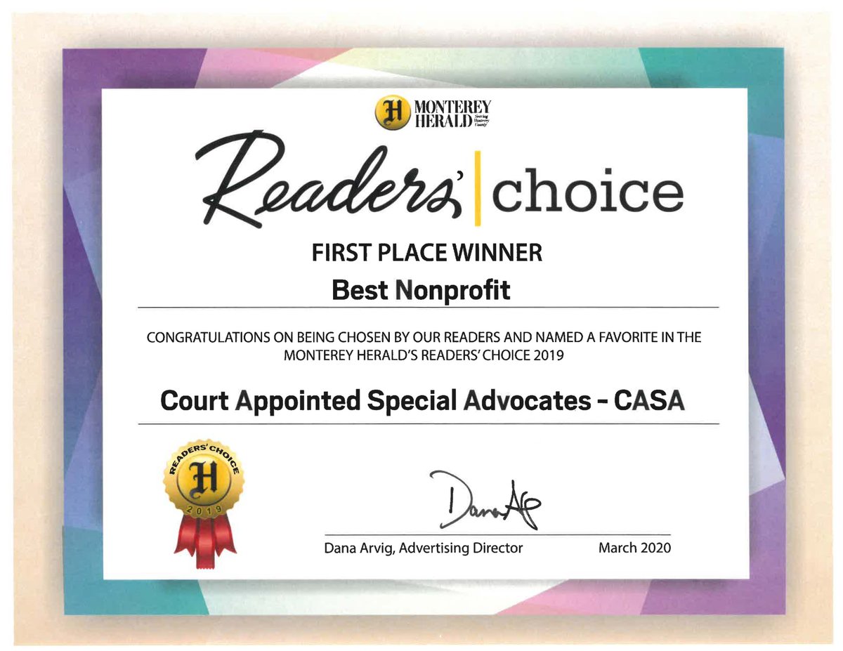 Thank you for voting for CASA of Monterey County! We've been selected as the Monterey Herald's 2019 Readers' Choice Best Nonprofit!!! Couldn't have done it without you...thank you!!!

#thankyou #volunteer #support
