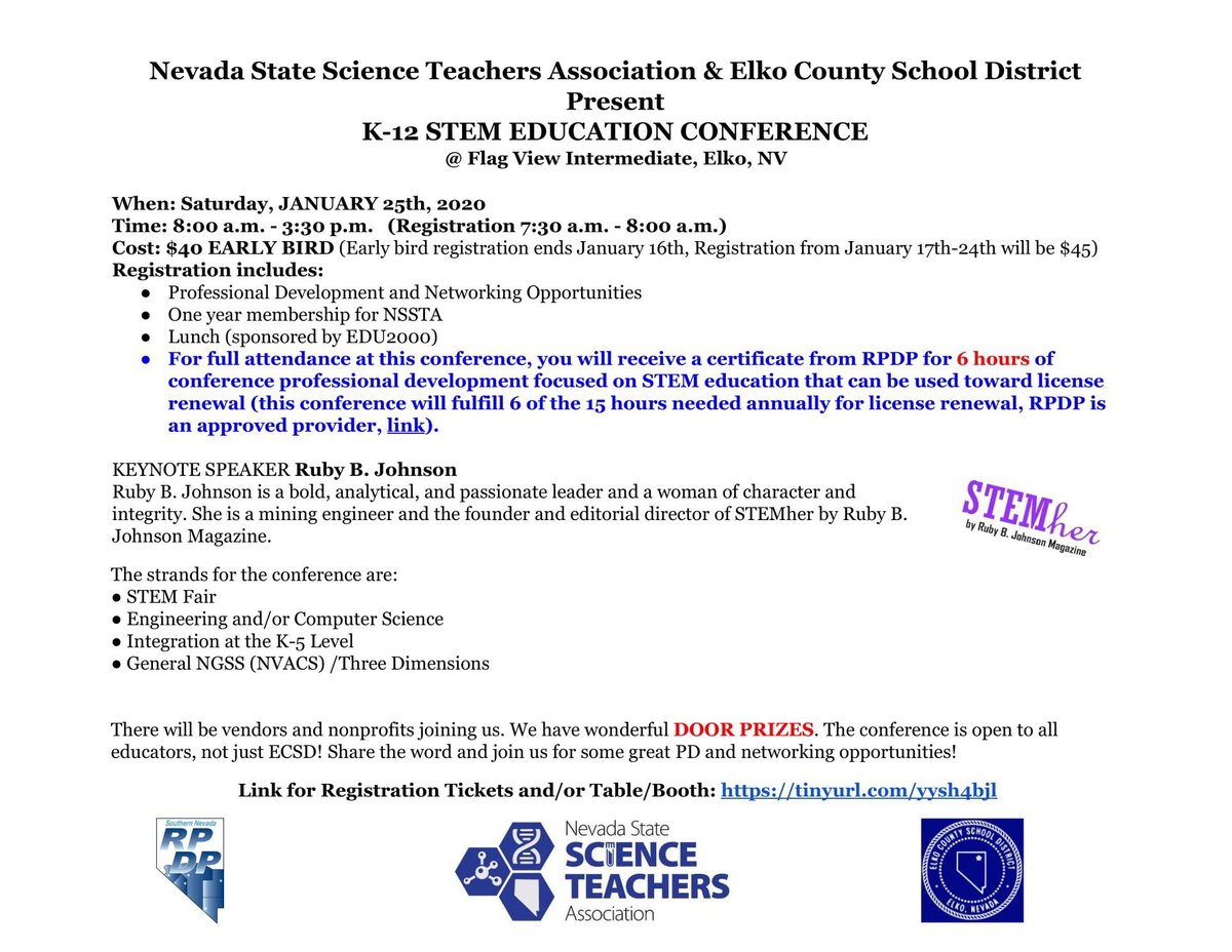 Ruby_B_Sutton's tweet photo. I'm looking forward to speaking with Nevada educators in STEM as well as other subjects at the 2020 K-12 STEM Education Conference, presented by Nevada State Science Teachers Association - NSSTA (@nevadascience) and Elko County School District on Sat, Jan 25.

Cc: @STEMher_RBJMag https://t.co/wYM72aNjiJ