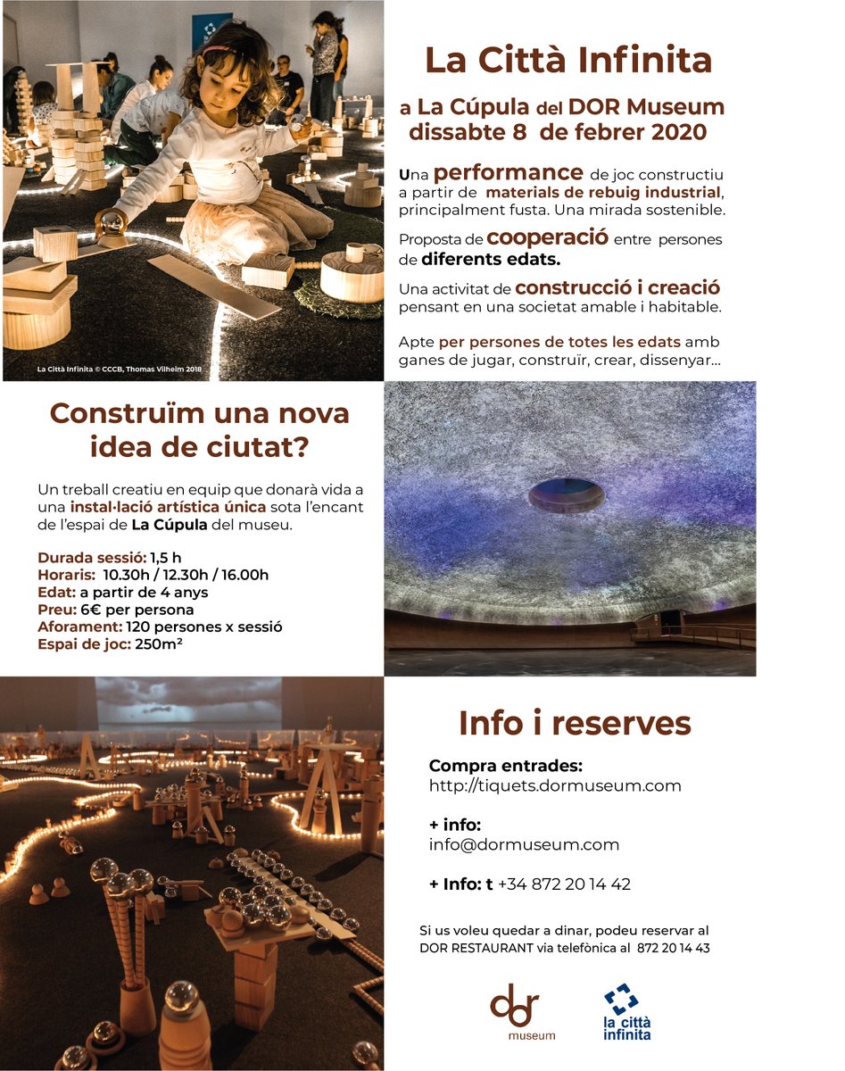 DOR_Museum's tweet photo. La Città Infinita arriba al DOR Museum! Una performance lúdica, participativa i sostenible per construir junts un nou concepte de ciutat. Gaudeix d'un dia al museu en família. ▶ Dissabte 8 de febrer ▶ Preu: 6 € ▶ Inscripcions https://t.co/54jeNWz4ds #cittainfinita #dormuseum https://t.co/8TqQbPnTO5