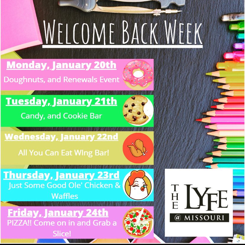 lyfeatmissouri's tweet photo. Welcome Back Week is almost here!!!! We want to make your arrival back to Columbia as enjoyable as possible. Swing by the clubhouse each day next week for some fun and exciting resident events! #welcomeback #dontmissout🚨 #signtoday📝 #renewtoday #liveyourbestlyfe https://t.co/jXiq1KDLqY