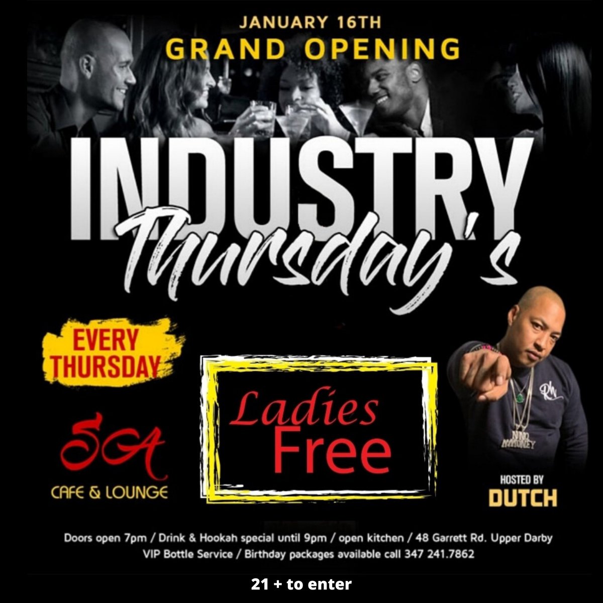 Industry Thursday's..Tonight at SA Cafe &amp; Lounge, 7PM to 12AM...Hosted by <a href="/DutchieMan215/">Dutchieman_</a>
Happy Hour 7PM to 9PM 
LADIES FREE until 8:30 PM
eventbrite.com/e/industry-thu…
#industrythursday #philly #upperdarby #networking #party #grownandsexy #ladiesfree