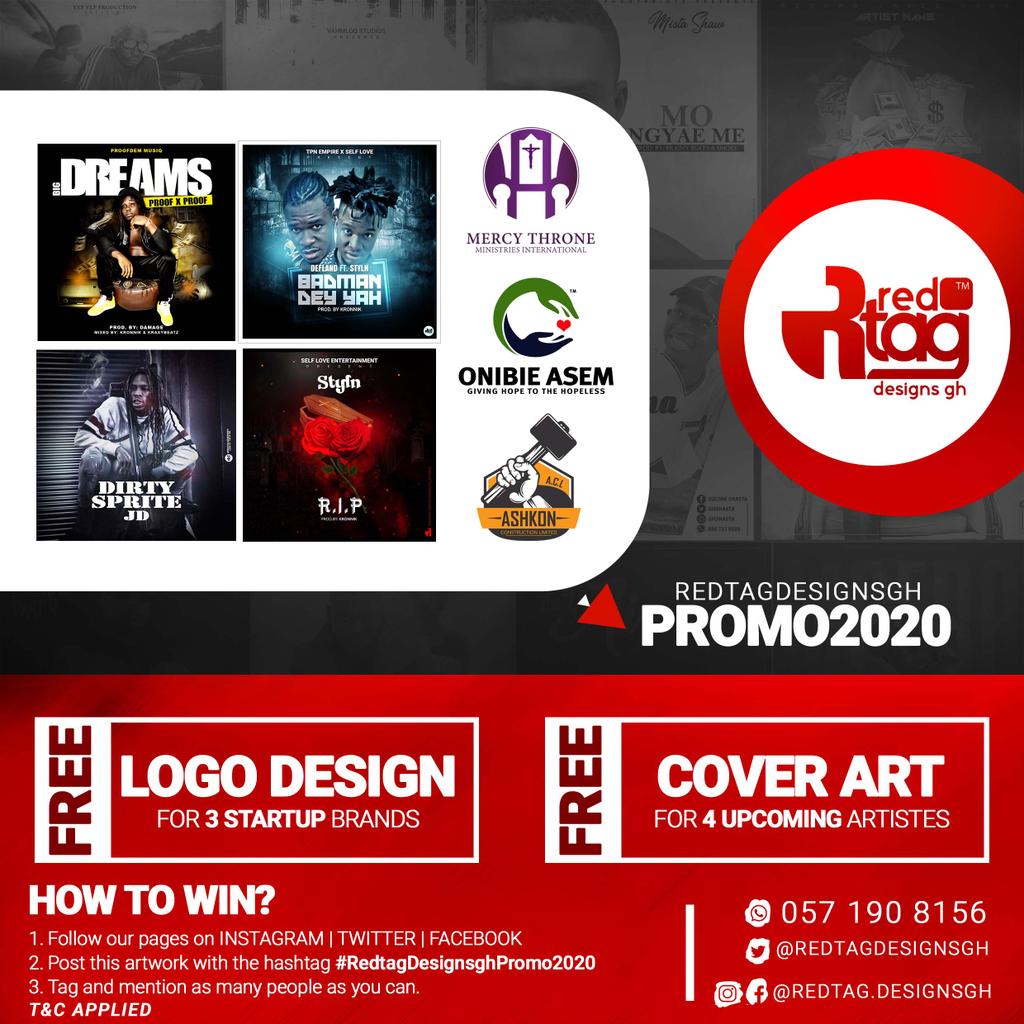 redtagdesignsgh's tweet photo. Promo Promo!, We are giving a total of 7 brands (Upcoming Artiste and Startup Businesses) free Cover art and Logo designs. Mention someone who will need this. Your Retweets will help a young brand out there.
#RedtagDesignsghPromo2020 #Redtagdesignsgh #YouDeserveit https://t.co/SnGxvCc959