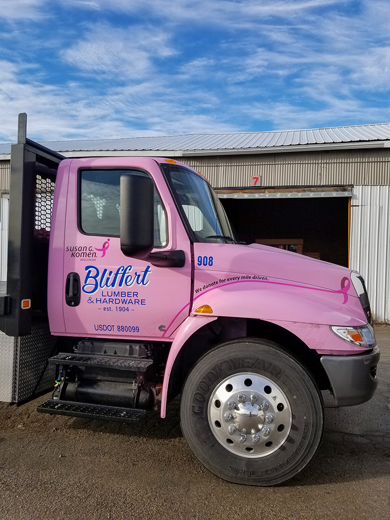 BliffertLumber's tweet photo. Bliffert Lumber has added a new truck to their fleet. This truck is sporting a pink paint job to support Susan G Komen Wisconsin. #BliffertLumber #SusanGKomen https://t.co/wfXGbWzPx4