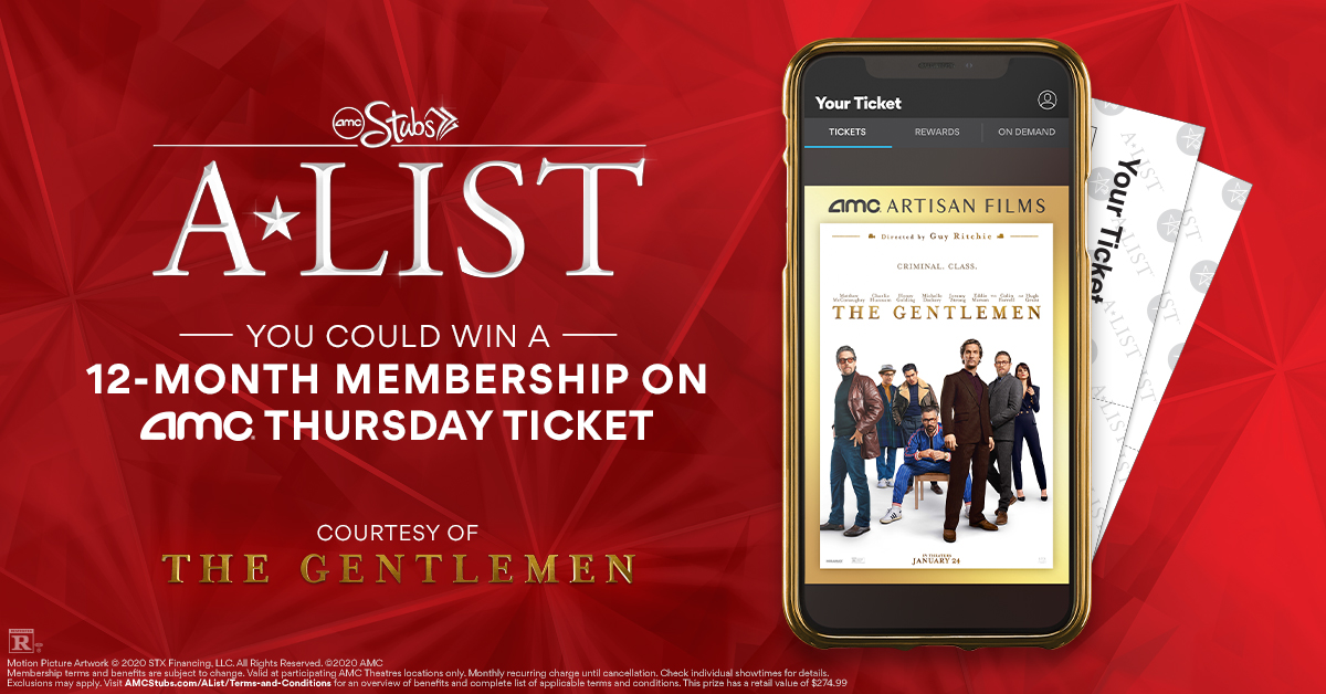 AMCTheatres's tweet photo. Watch #AMCThursdayTicket LIVE today to learn how you could win a 12-month AMC Stubs A-List membership! Turn your notifications on now. 🚨 https://t.co/mdpEYNt9Mo