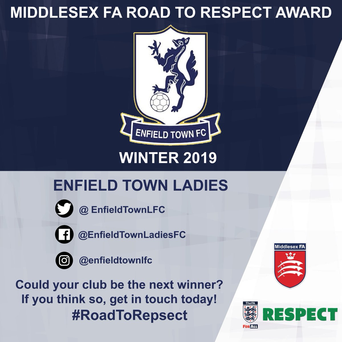 middxfa's tweet photo. #RESPECT | We are pleased to announce our 2nd #RoadToRespect winners!
Congratulations to @EnfieldTownLFC who instill a 'Football for all' ethos across the club!
Well done to all involved! https://t.co/B4XmBJ0XOb