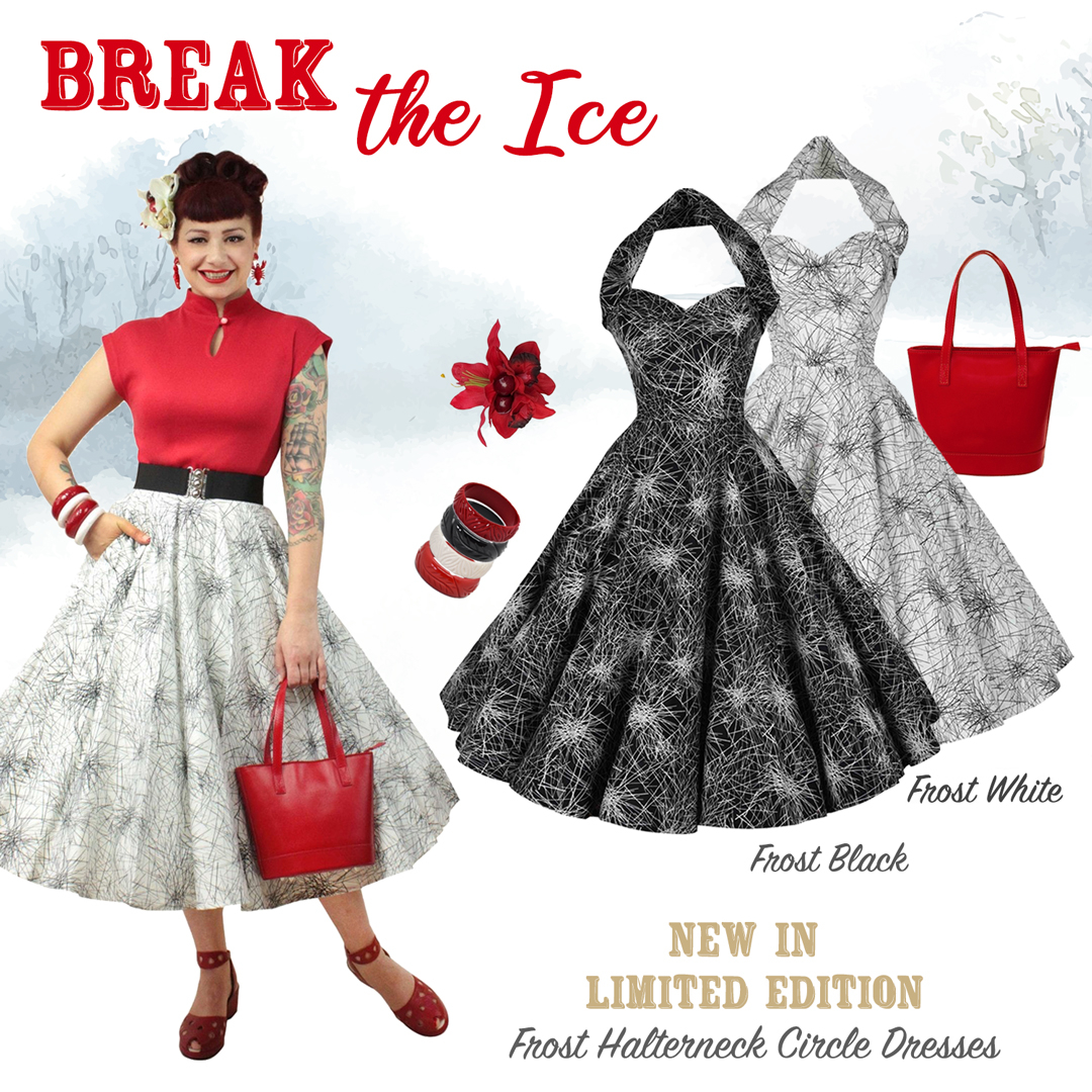 VivOfHolloway's tweet photo. We made this gorgeous dress just for you! Our limited edition Frost Halterneck Circle Dresses are now available on our website. The perfect print for this frosty weather, and the right style to enhance your slim waist. #1950scircledress #flareddress #50sswingdress https://t.co/MuAZqMHfKG