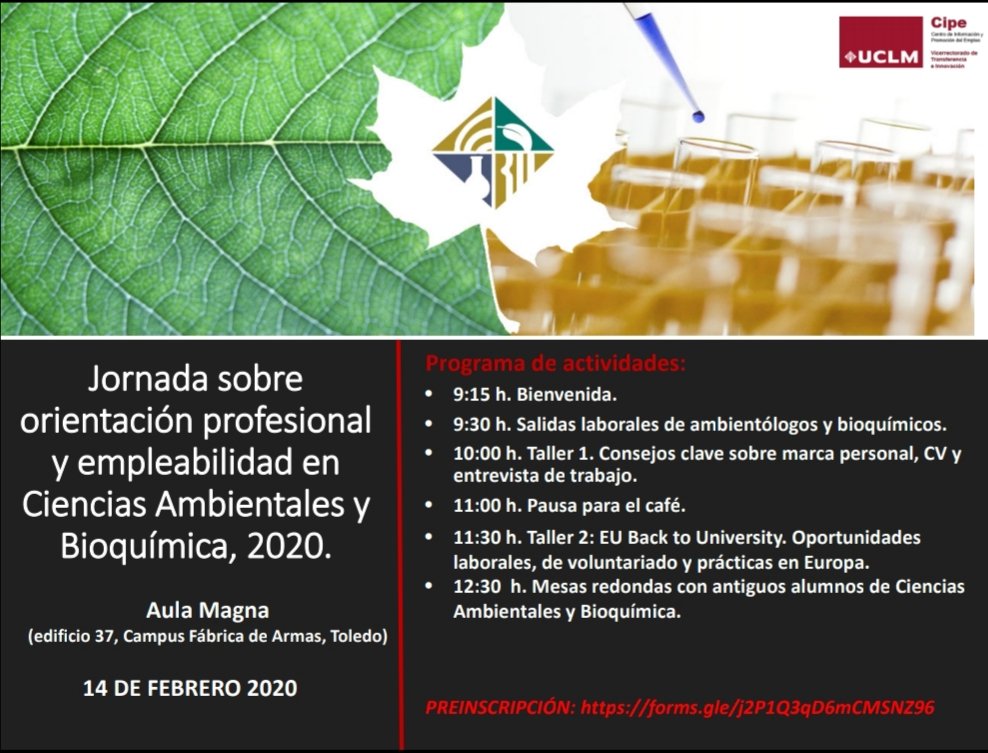 AmbienteToledo's tweet photo. Jornada sobre orientación profesional y empleabilidad en Ciencias Ambientales y Bioquímica. 
14 de febrero de 2020
Aula Magna - Edificio 37,  Campus Fábrica de Armas, Toledo. 
#UCLM https://t.co/MH8ypWoK5i
