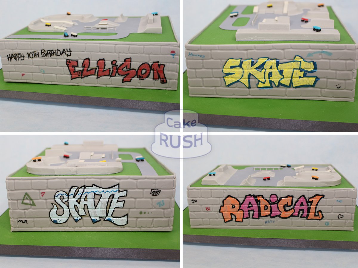 CakeRush's tweet photo. Ellison is 10 now, and wanted a skate park cake! We made this one with accurate bowls, spines, ledges and handrails - well, you get the idea. We also added some tiny skateboards and some graffiti around the sides.

#birthday #cake #skateboard https://t.co/2ZAmHxDfaZ