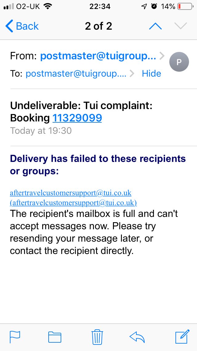 mel_sherrington's tweet photo. @ohtonen I would love to know in your experience as Head Honcho of ‘customer experience’ @TUIUK why I have had multiple issues even trying to make a complaint (see pic) to then have a msg informing me that your After Travel Customer Support email inbox is full?! #epicfail https://t.co/1qY6mjzI2b