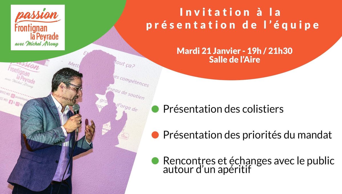 ArrouyMichel's tweet photo. [#Municipales2020] J’ai le plaisir de vous inviter à la présentation de mon équipe :
▶️ Présentation des colistiers
▶️ Présentation des priorités du mandat
▶️ Rencontres et échanges avec le public autour d’un apéritif
#PassionFLP #Frontignan #LaPeyrade #villedefrontignan #jevote https://t.co/oyDIlvDCCD