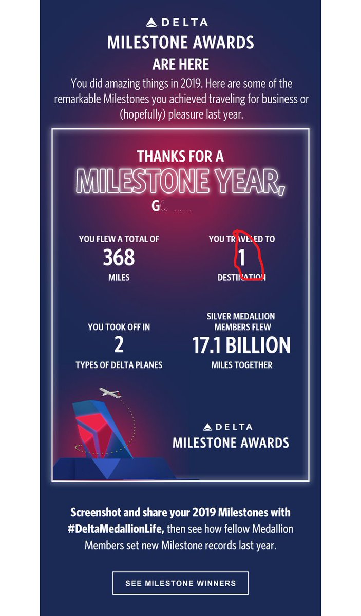 Given #AI #hype #deltamedallionlife #Delta AI #Analytics may need refinement - 1 trip, 368 miles not a milestone. There's reason I didn't fly Delta in 2019. I had reached out #DeltaCustomerService but despite being on verge of 1 million Medallion miles wasn't given consideration