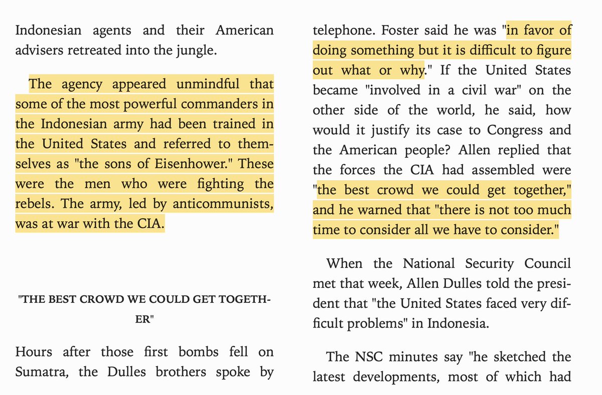 The CIA was trying to overthrow the government of Indonesia for no apparent reason, ten years after supporting the country's independence. The American military attaché in the country, unaware of the plot, helped the government defeat the rebels.