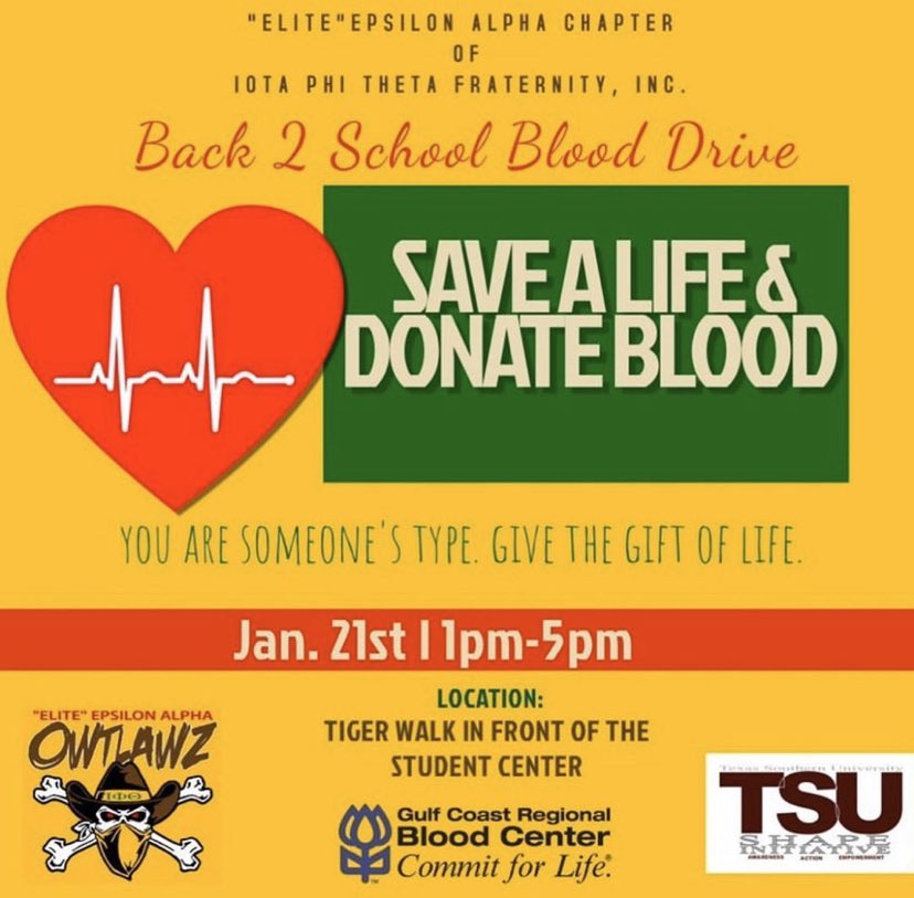 ShapeTsu's tweet photo. The men of Iota Phi Theta @tsuiotas &amp; TSU SHAPE are hosting a 📚Back to School blood drive Jan 21st 1-5p on the campus of Texas Southern (Tiger Walk) and would appreciate it if you would sign up to donate blood and a free health screening! It’s easy &amp; almost pain-free. #giveback https://t.co/HMknGOhAe6