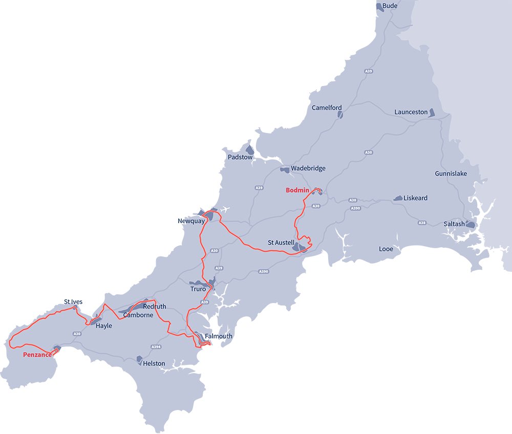 CornwallToB's tweet photo. On 6th September, Cornwall will host the Tour of Britain for the first time. Some of the world’s best cyclists will race over 170km from Penzance to Bodmin.

The stage will also visit St Just, St Ives, Hayle, Camborne, Pool, Redruth, Falmouth, Penryn, Truro, Newquay &amp; St Austell. https://t.co/GFUQLriF6C