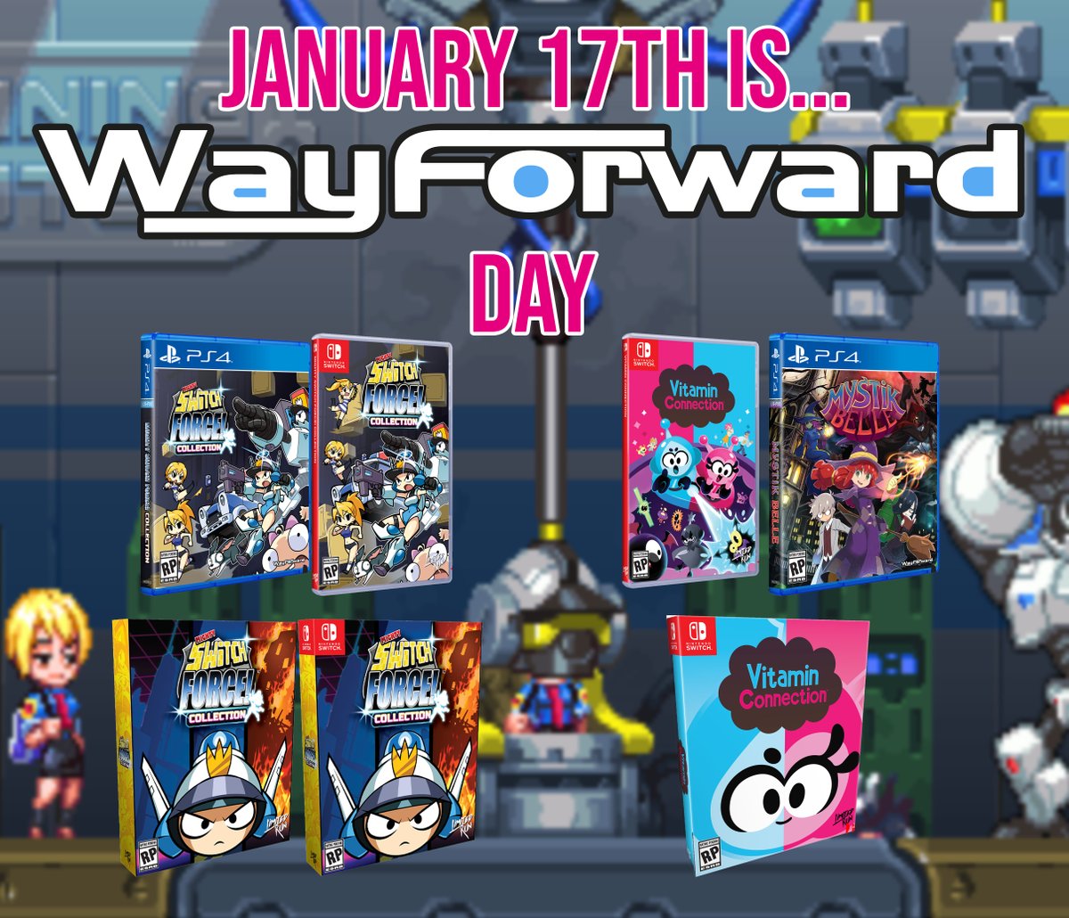 LimitedGameNews's tweet photo. Batch 2 starts in 5 minutes @LimitedRunGames

#MightySwitchForceCollection
#NintendoSwitch/#PS4
Standard &amp; Collector's

#VitaminConnection
NintendoSwitch
Standard &amp; Collector's

#MystikBelle
PS4
Standard

https://t.co/S4FnCnobFc

@WayForward
#Nindies #SwitchCorps https://t.co/bjdvIb6Ggb