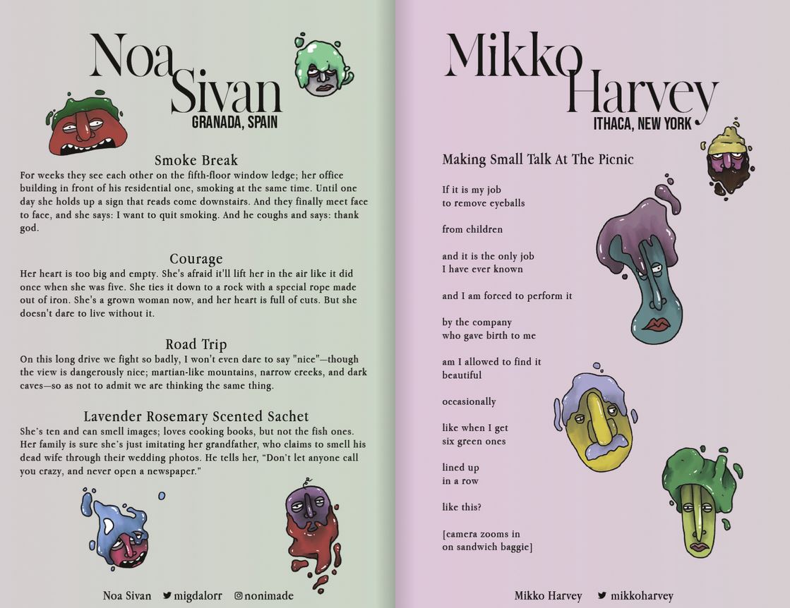 neonpajamas's tweet photo. One of my favorite spreads in @handcastlemag from two of my favorite writers!

Four microfictions: @migdalorr 
One poem: @mikkoharvey 

w/ art by @MrRudeManners 

https://t.co/QIeHBBWx0X https://t.co/a6am9gltZI