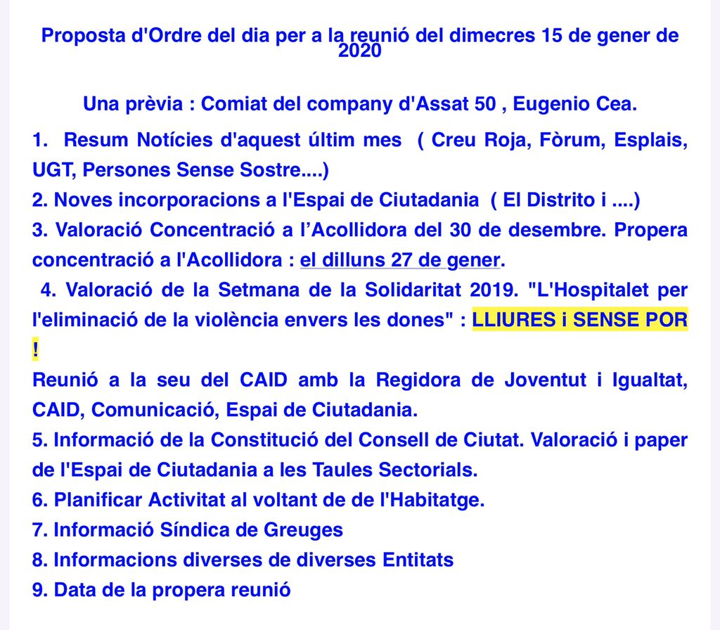 Dimecres15 gener 2020:Primera reunió de l’any d’#espaiciutadania de #LH a seu de @ugtlh Resum de notícies i informacions diverses Valoració de Setmsna Solidaritat 2019 i concentració a l’Acollidora, planificació noves activitats, Informació Consell de Ciutat i Síndica de Greuges