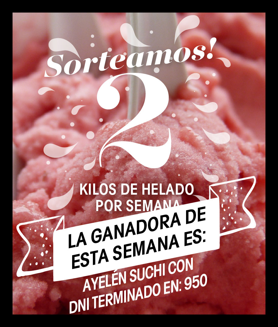 Ya tenemos a la ganadora de nuestro Sorteo de 2 kg de helado!
Suchi AyeLén con DNI terminado en: 950 te ganaste 2 kg. de helado! 
Te pedimos que te pongas en contacto por privado con nosotros para que pases a retirar tu premio.
Felicidades y a seguir participando!