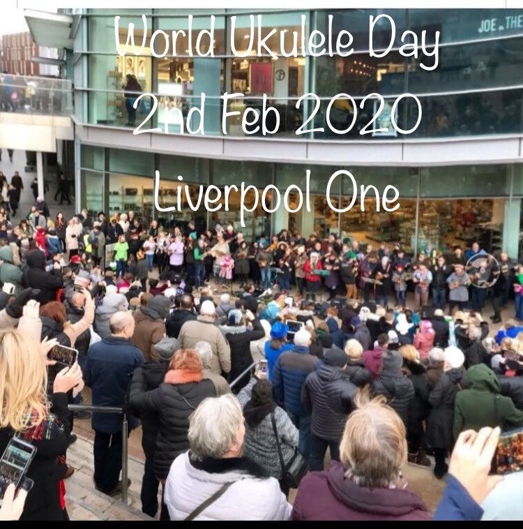 UkuleleClubLive's tweet photo. Almost time for #WorldUkuleleDay here in Liverpool! Over 100 ukulele players will be taking over @LiverpoolOne shopping centre between 12pm-5pm before heading into the @bierkellerLVPL for more ukin’ action until 9pm! Mass Jam outside John Lewis 3pm. songbooks ready tomorrow! #WUD https://t.co/hpb1dRDGlr
