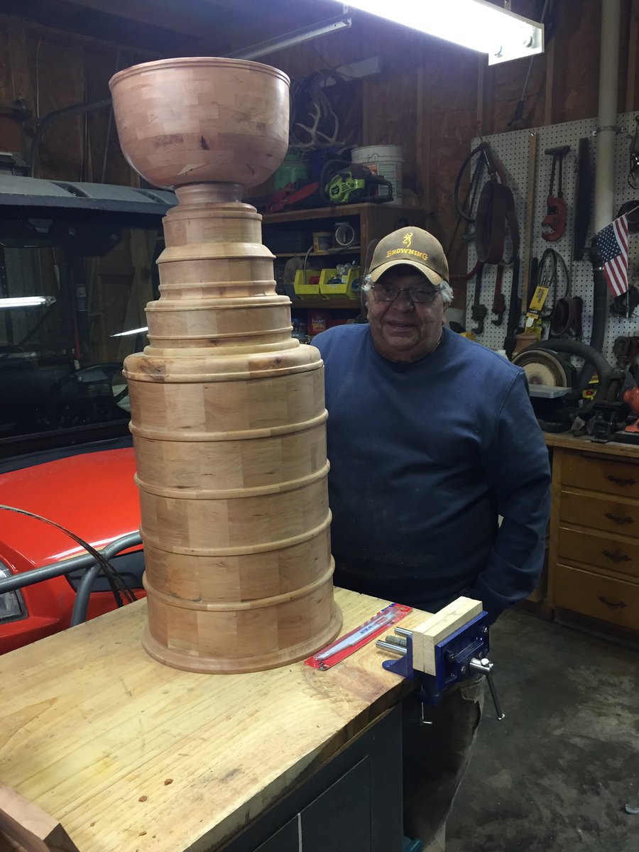 TimPerr58896046's tweet photo. This is my Father in Law, Sam. He made this Stanley Cup for me for my birthday out of wood from a downed cherry tree. The man has skills. Looks even more impressive in person! Thx Sam! @StLouisBlues @stlcuptracker @KSHEGUY @lernvsradio @101espn @NHL @_carltheintern @Patrico1057 https://t.co/t9CSOWXy7J