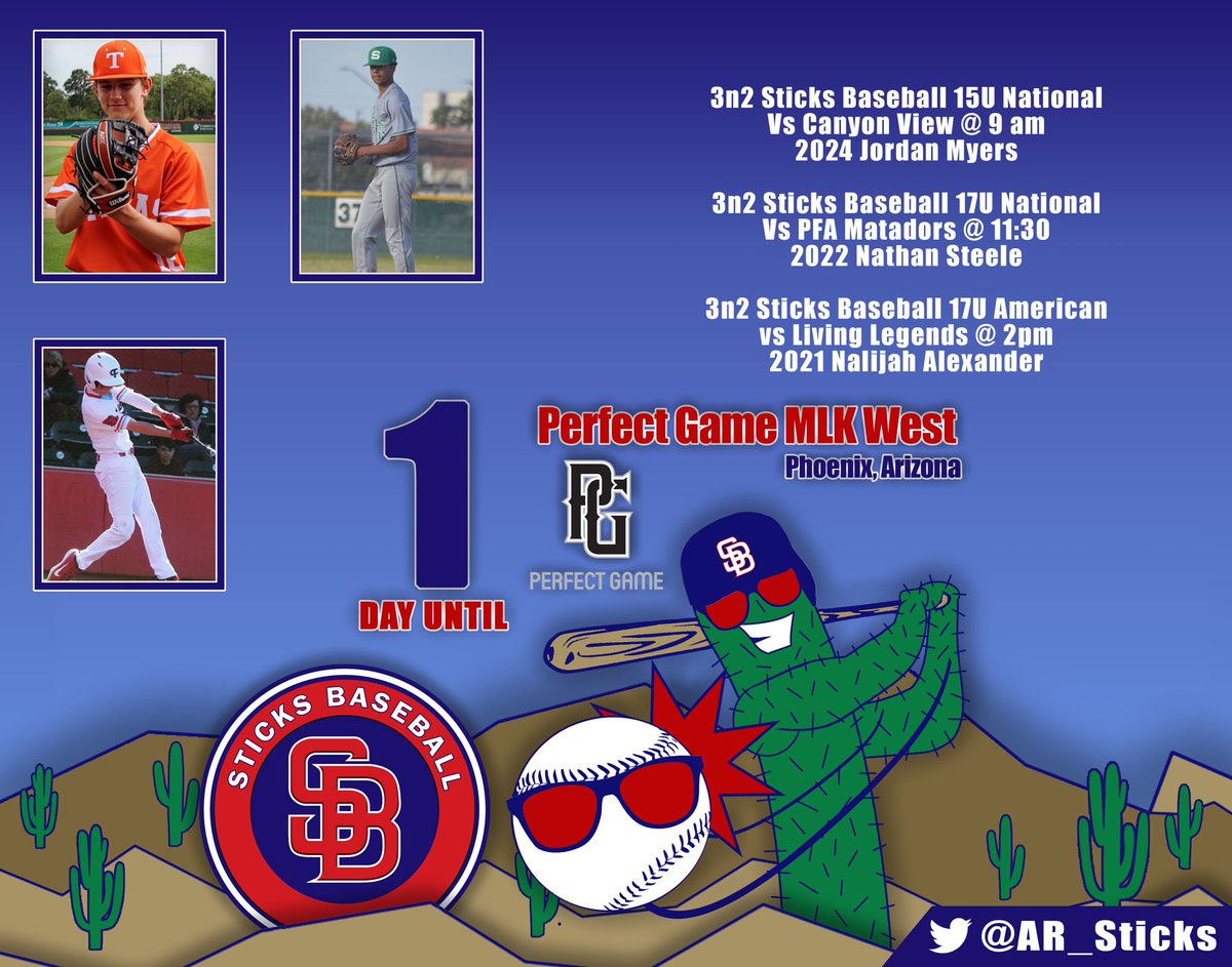 We are 1 day away from the <a href="/PerfectGameUSA/">Perfect Game USA</a> MLK West Tournament in Phoenix. Today we will highlight the game one starters for this weekend. 

17U National - 2022 RHP Nathan Steele

17U American - 2021 RHP Nalijah Alexander 

15U National - 2024 RHP Jordan Myers 

#Sticks