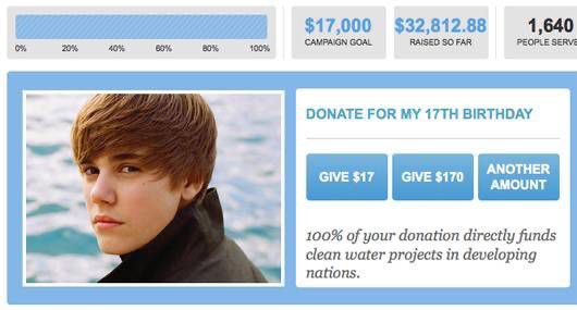 •٢٠١٢
في أعياد ميلاده 17 و 18 طلب جاستن من المعجبين التبرع لجمعية خيرية تساعد في توفير المياه النظيف...