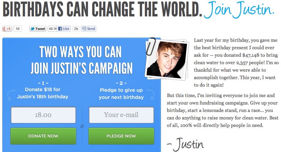 •٢٠١٢
في أعياد ميلاده 17 و 18 طلب جاستن من المعجبين التبرع لجمعية خيرية تساعد في توفير المياه النظيف...