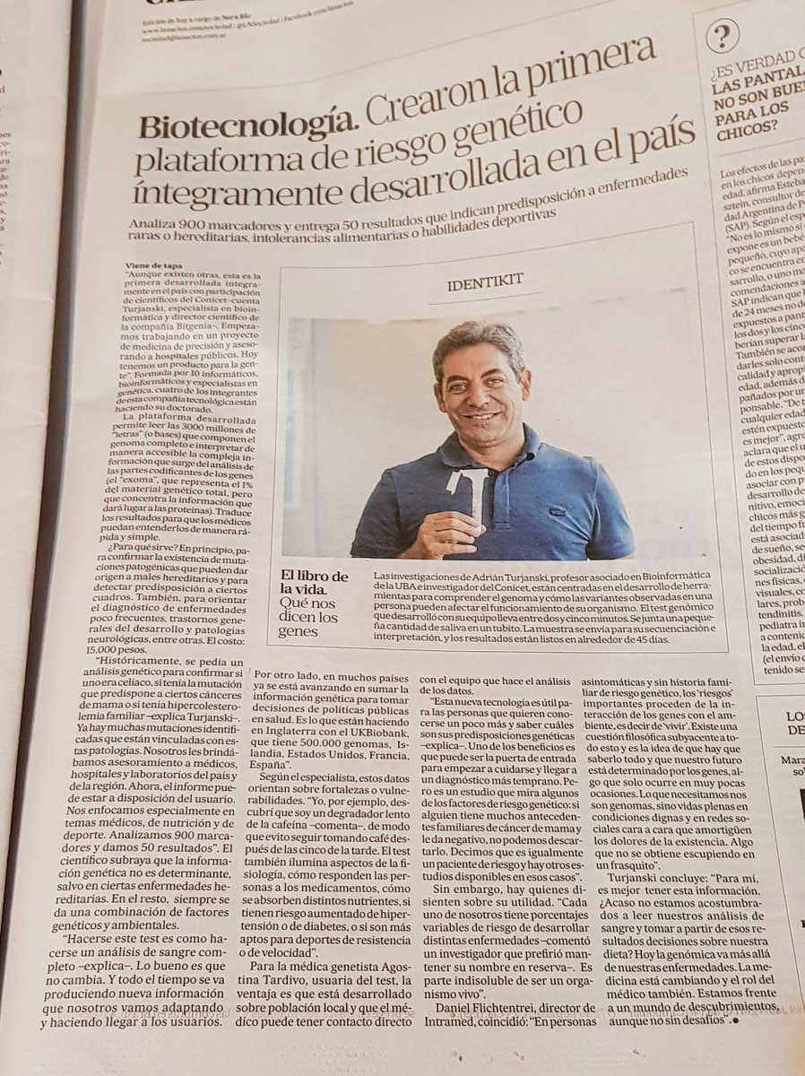Hoy estamos de TAPAS. 
<a href="/TurjanskiA/">Adrian Turjanski</a> nos cuenta sobre la historia de <a href="/BitgeniaOK/">Bitgenia</a> y su nuevo test genómico en lanacion.com.ar/ciencia/biotec…
En la tapa de la revista Apertura: Carolina Bluguermann (Cell Farm), <a href="/franco_goytia/">Franco Goytia</a> y Carla Giménez (<a href="/casprbio/">CASPR Biotech</a>). Bravo!