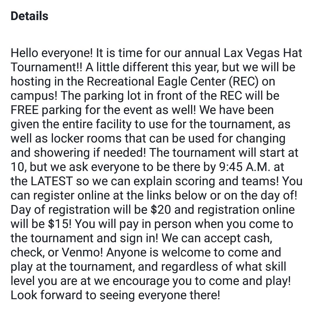 2 years ago <a href="/UWLAX/">UW-La Crosse</a> LAX Vegas Hat Tournament hosted by <a href="/UltimateLUC/">badLUC</a> 
2020 Hat Tournament is this Sunday! Link in bio.
#ultimate #ultimatefrisbee #frisbee #tournament #laxvegas #hattournament #lacrosse #wisconsin #lacrossewi